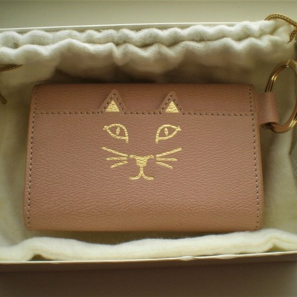 NWT Designer Charlotte Olympia Calfskin Leather Blush Feline Keychain Purse $325